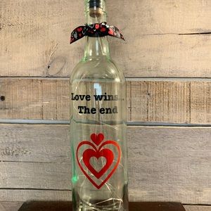 Hand Crafted- ‘Love Wins..’Red fairy light wine bottle lantern with die cut logo